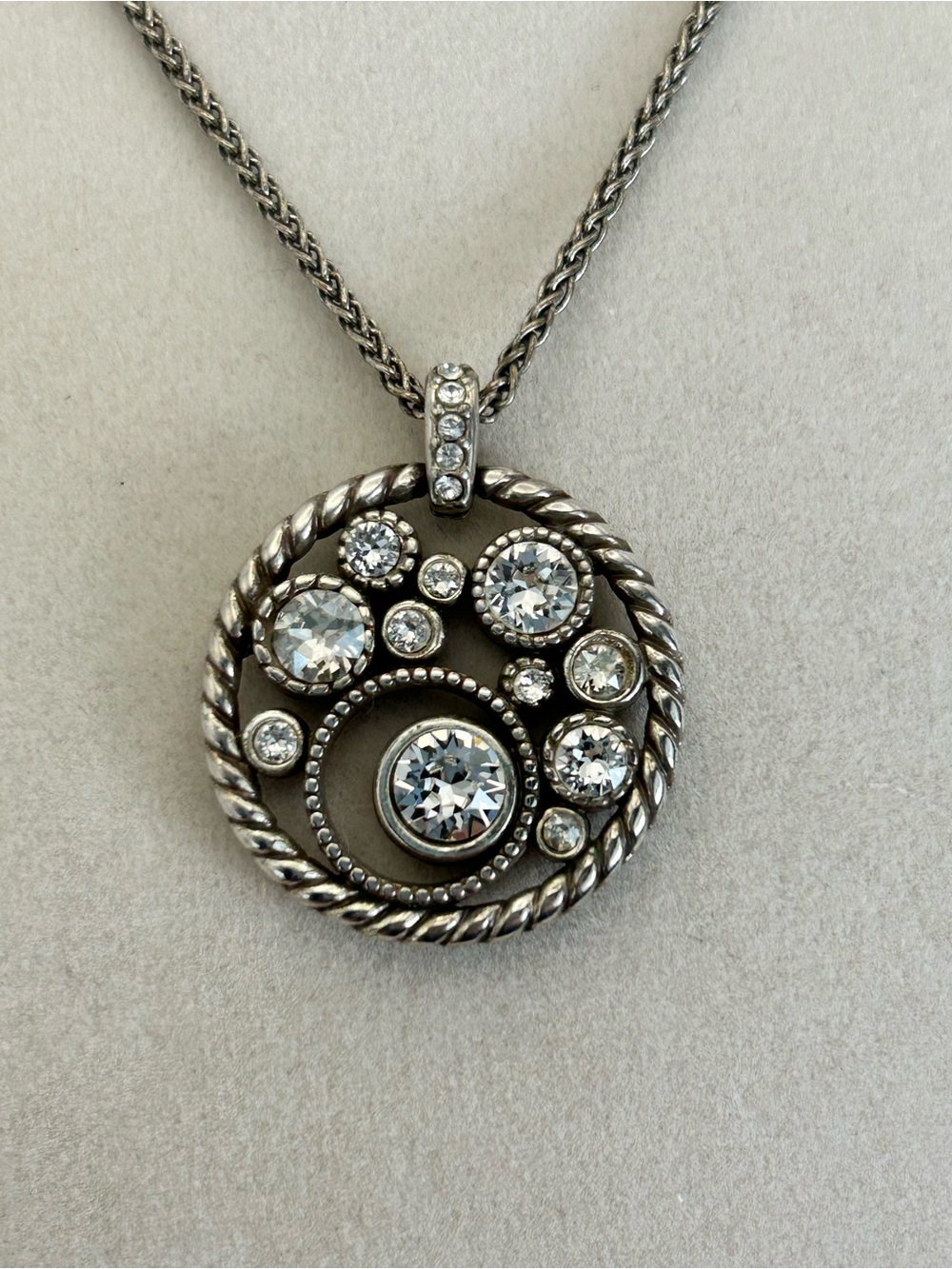 Brighton Halo Pendant Necklace Clear Swarovski Crystals Silver Plated 16" - 18"